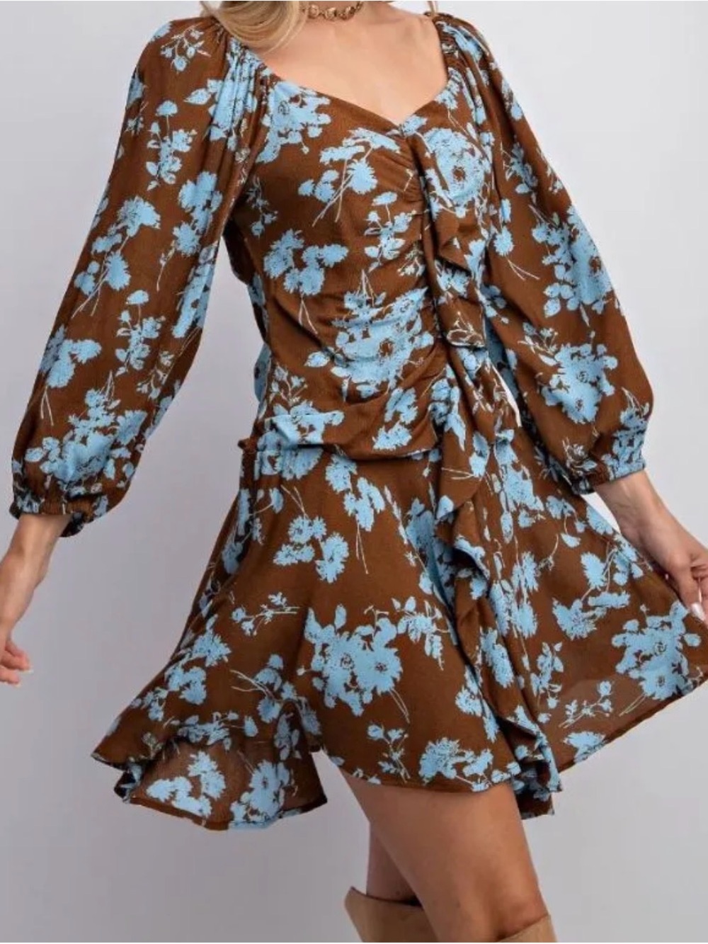 Brown Mini Dress with Light Blue Floral Ruffle Detail